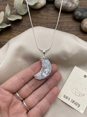 Aura Druzy Quartz Crescent Moon Necklace Silver Snake Chain Iridescent